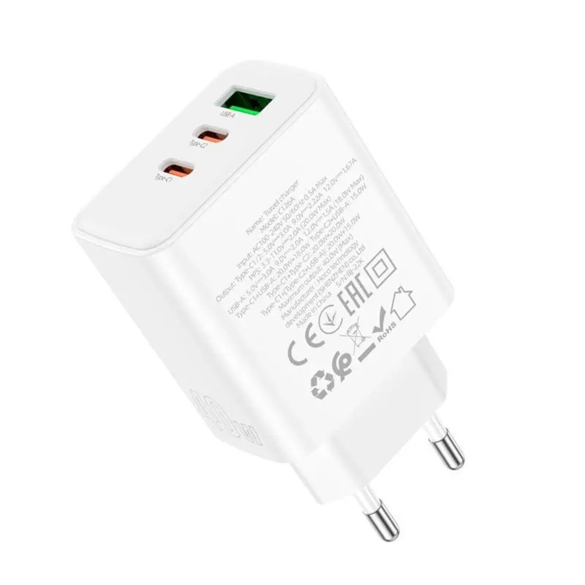 Мережевий зарядний пристрій HOCO C126A Pure power PD40W three-port(2C1A) charger White Фотографія №4 Мережевий зарядний пристрій HOCO C126A Pure power PD40W three-port(2C1A) charger White на малюнкі №4