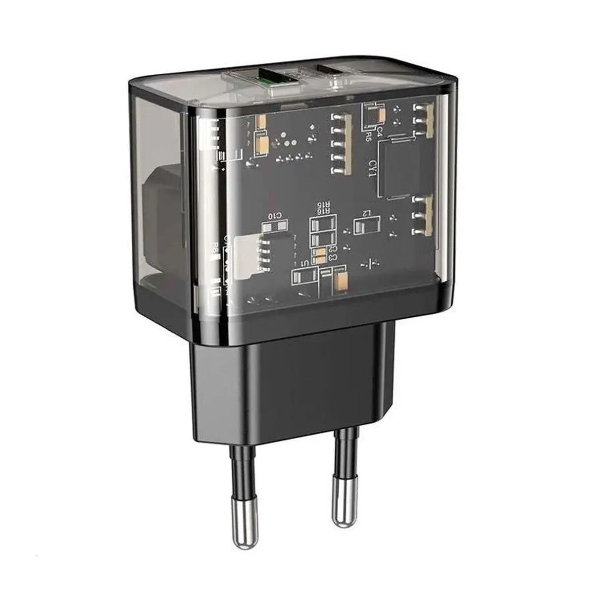 Мережевий зарядний пристрій HOCO N34 Dazzling dual-port PD20W+QC3.0 charger Transparent Black на картинке №1