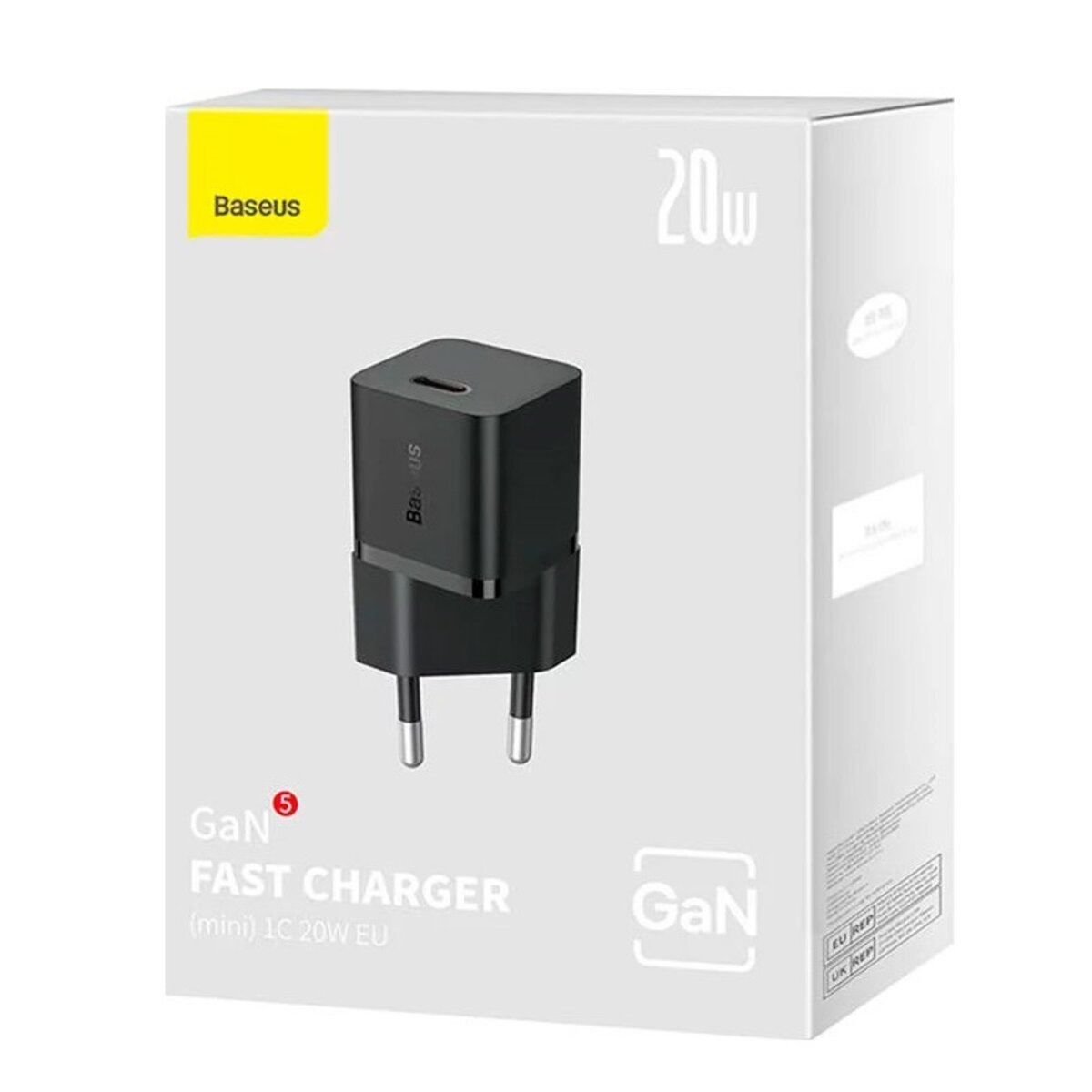 Мережевий зарядний пристрій Baseus GaN5 Fast Charger(mini) 1C 20W EU Black (CCGN050101) Фотографія №2 Мережевий зарядний пристрій Baseus GaN5 Fast Charger(mini) 1C 20W EU Black (CCGN050101) на малюнкі №2