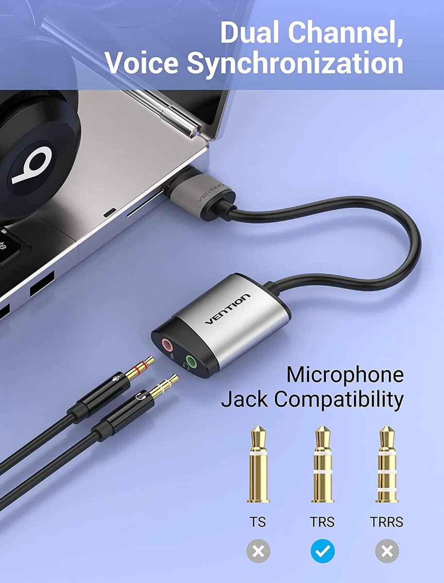 Адаптер Vention USB External Sound Card 0.15M Gray Metal Type (CDKHB) Фотографія №4 Адаптер Vention USB External Sound Card 0.15M Gray Metal Type (CDKHB) на малюнкі №4