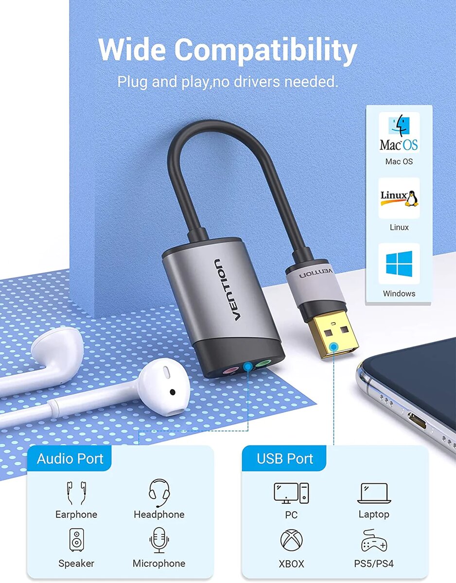Адаптер Vention USB External Sound Card 0.15M Gray Metal Type (CDKHB) Фотографія №3 Адаптер Vention USB External Sound Card 0.15M Gray Metal Type (CDKHB) на малюнкі №3