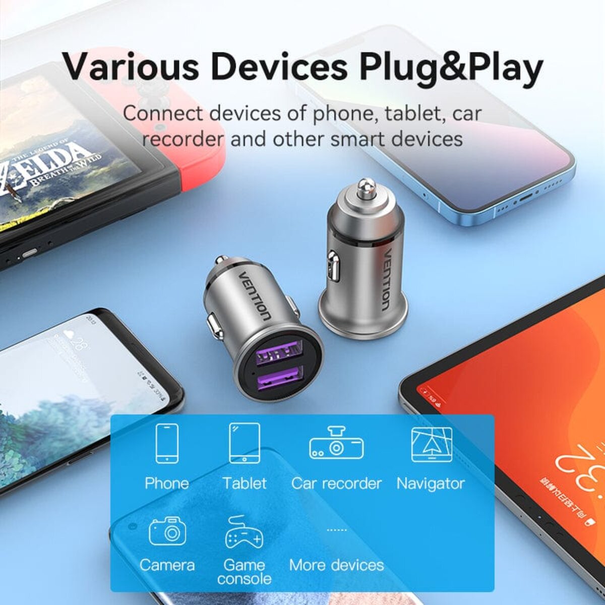 Автомобільний зарядний пристрій Vention Two-Port USB A+A(30/30) Car Charger Gray Mini Style Aluminium Alloy Type (FFEH0) на картинке №4