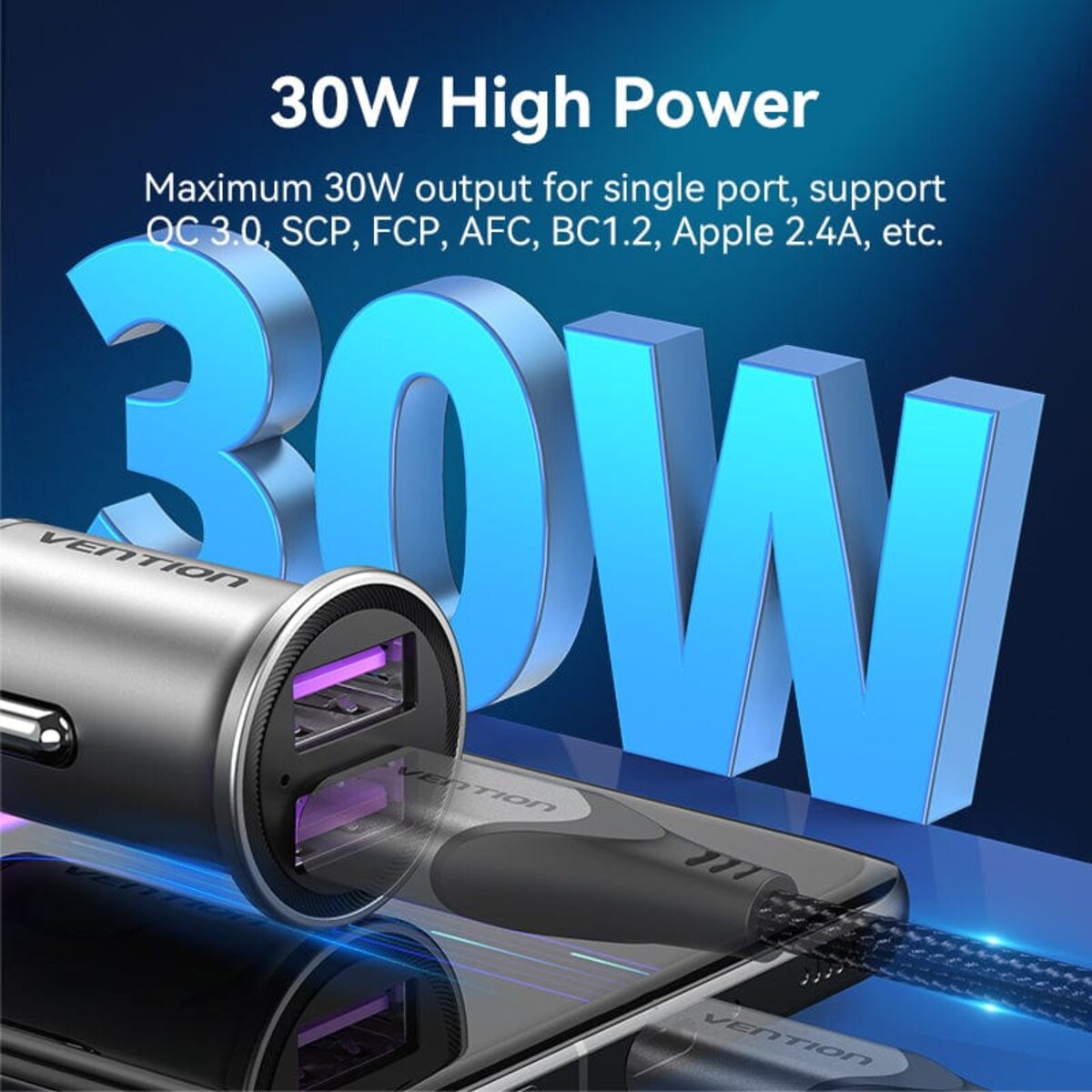Автомобільний зарядний пристрій Vention Two-Port USB A+A(30/30) Car Charger Gray Mini Style Aluminium Alloy Type (FFEH0) на картинке №8