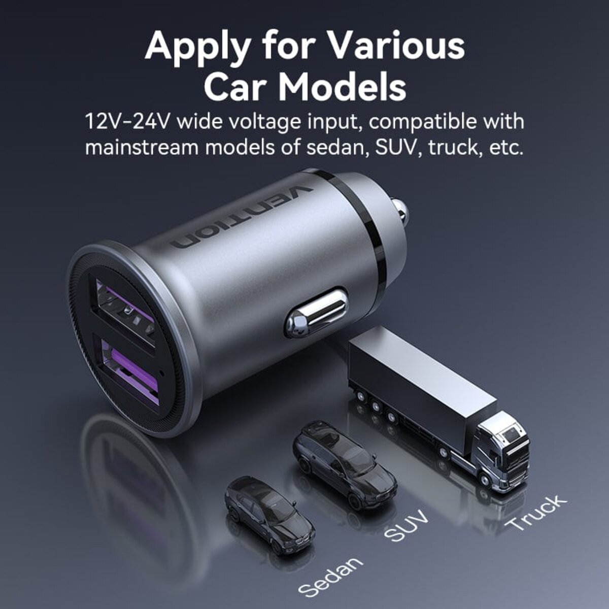 Автомобільний зарядний пристрій Vention Two-Port USB A+A(30/30) Car Charger Gray Mini Style Aluminium Alloy Type (FFEH0) на картинке №2