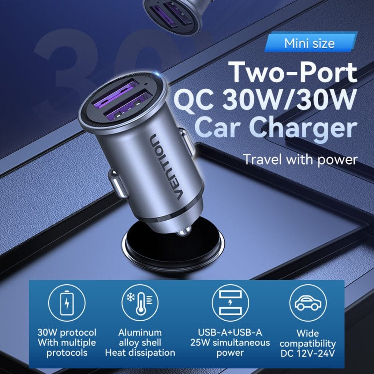 Автомобільний зарядний пристрій Vention Two-Port USB A+A(30/30) Car Charger Gray Mini Style Aluminium Alloy Type (FFEH0) на картинке №7
