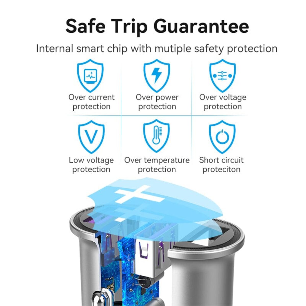 Автомобільний зарядний пристрій Vention Two-Port USB A+A(30/30) Car Charger Gray Mini Style Aluminium Alloy Type (FFEH0) на картинке №5