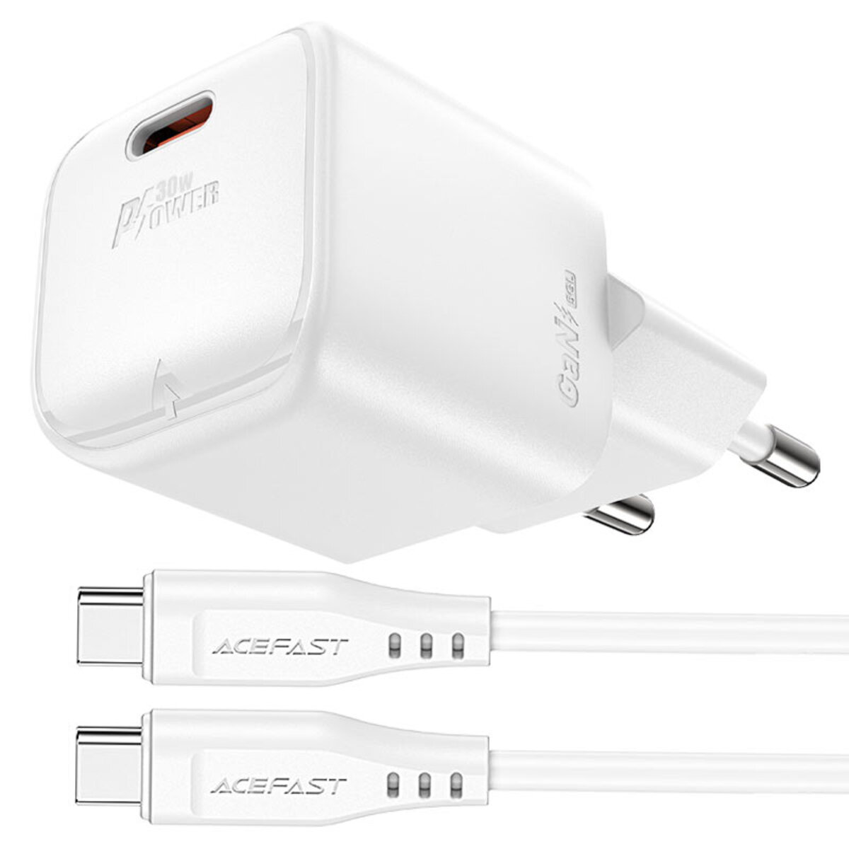 Мережевий зарядний пристрій ACEFAST A77 mini PD30W GaN single USB-C charger set (C3-03) White на малюнкі №1