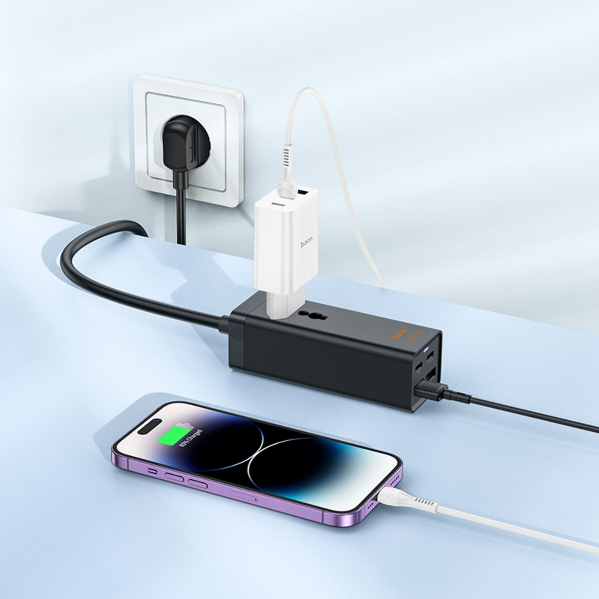 Мережевий подовжувач HOCO AC10A Barry PD65W GaN (2C2A with 1 socket) desktop charger Black (6942007601672) на картинке №4