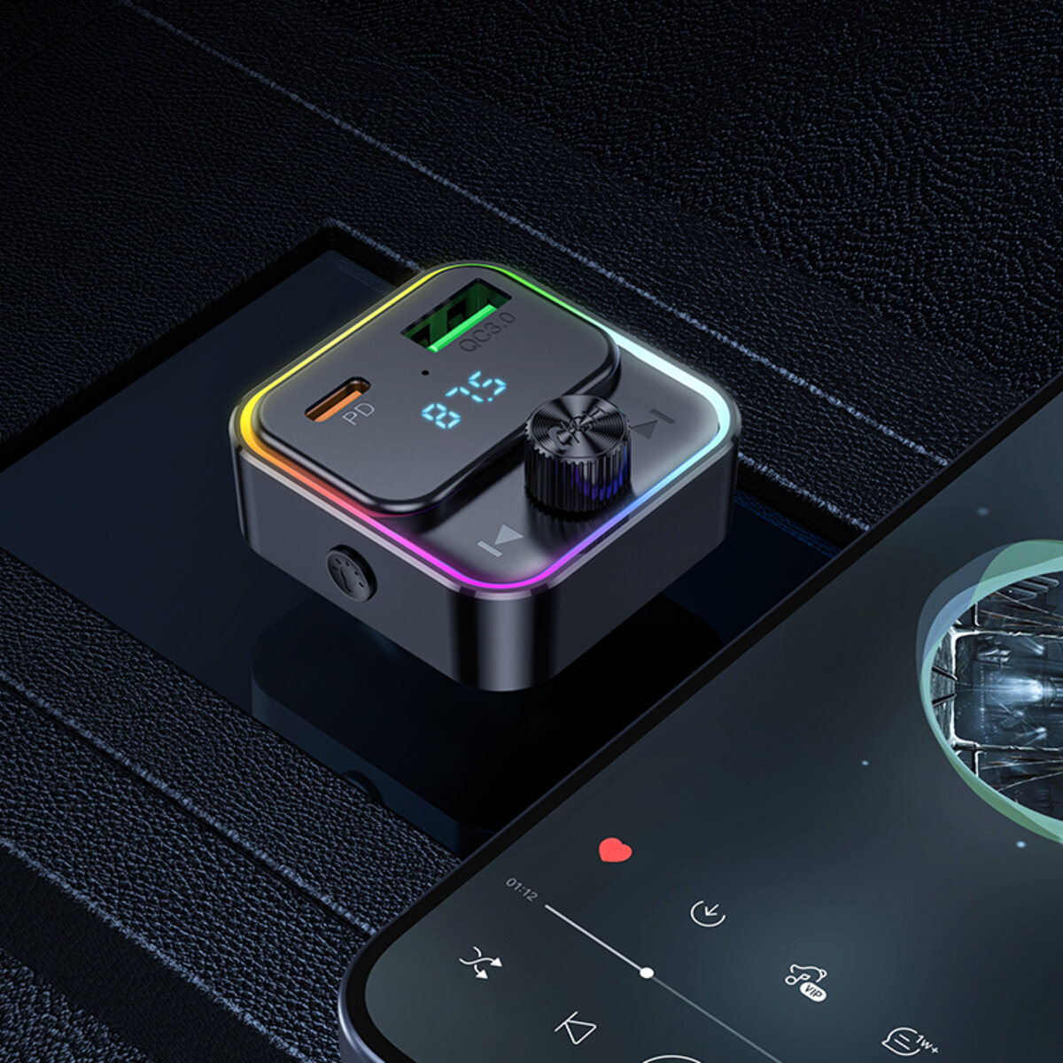 АЗП з FM-модулятором HOCO E81 Fantasy PD30W+QC3.0 car BT FM transmitter Black (6942007612296) смотреть фото №7