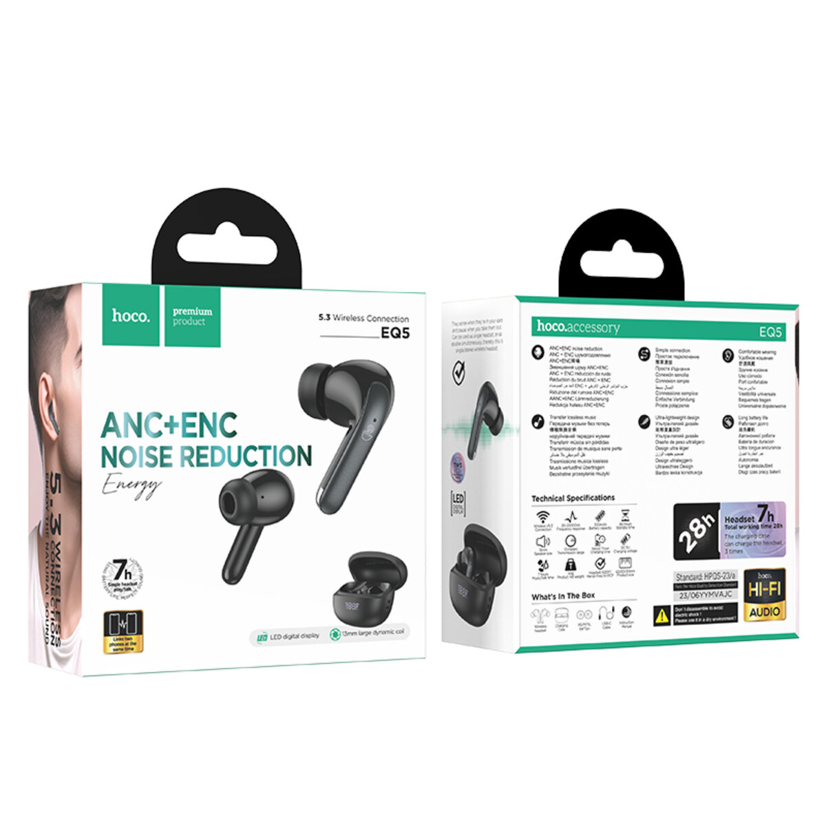 Бездротові навушники HOCO EQ5 Energy true wireless ANC+ENC noise reduction BT headset Black (6942007602419) на картинке №8