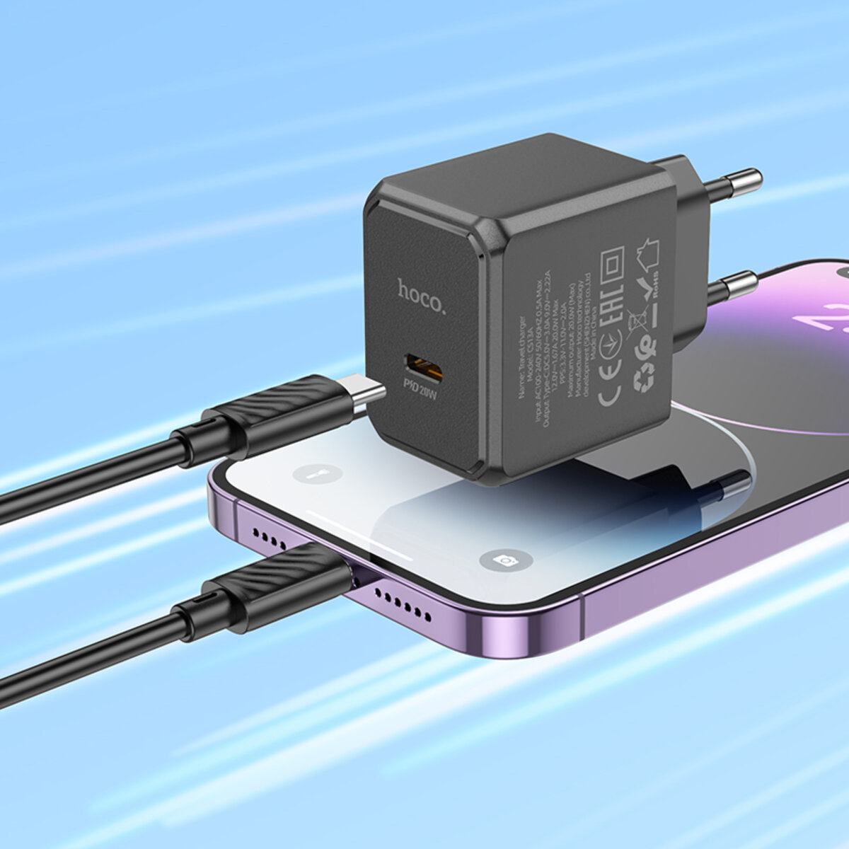 Мережевий зарядний пристрій HOCO CS13A Ocean single port PD20W charger set(C to iP) Black (6942007603829) Фотографія №5 Мережевий зарядний пристрій HOCO CS13A Ocean single port PD20W charger set(C to iP) Black (6942007603829) на малюнкі №5