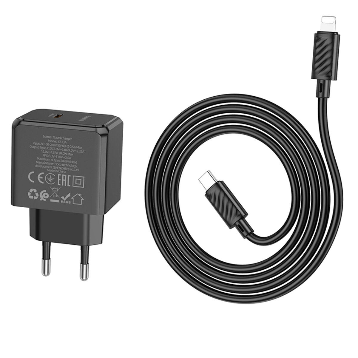 Мережевий зарядний пристрій HOCO CS13A Ocean single port PD20W charger set(C to iP) Black (6942007603829) Фотографія №4 Мережевий зарядний пристрій HOCO CS13A Ocean single port PD20W charger set(C to iP) Black (6942007603829) на малюнкі №4