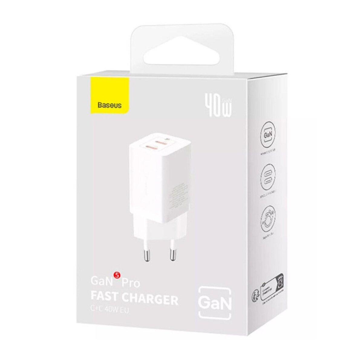 Мережевий зарядний пристрій Baseus GaN5 Pro Fast Charger C+C 40W EU White (CCGP180102) на картинке №2