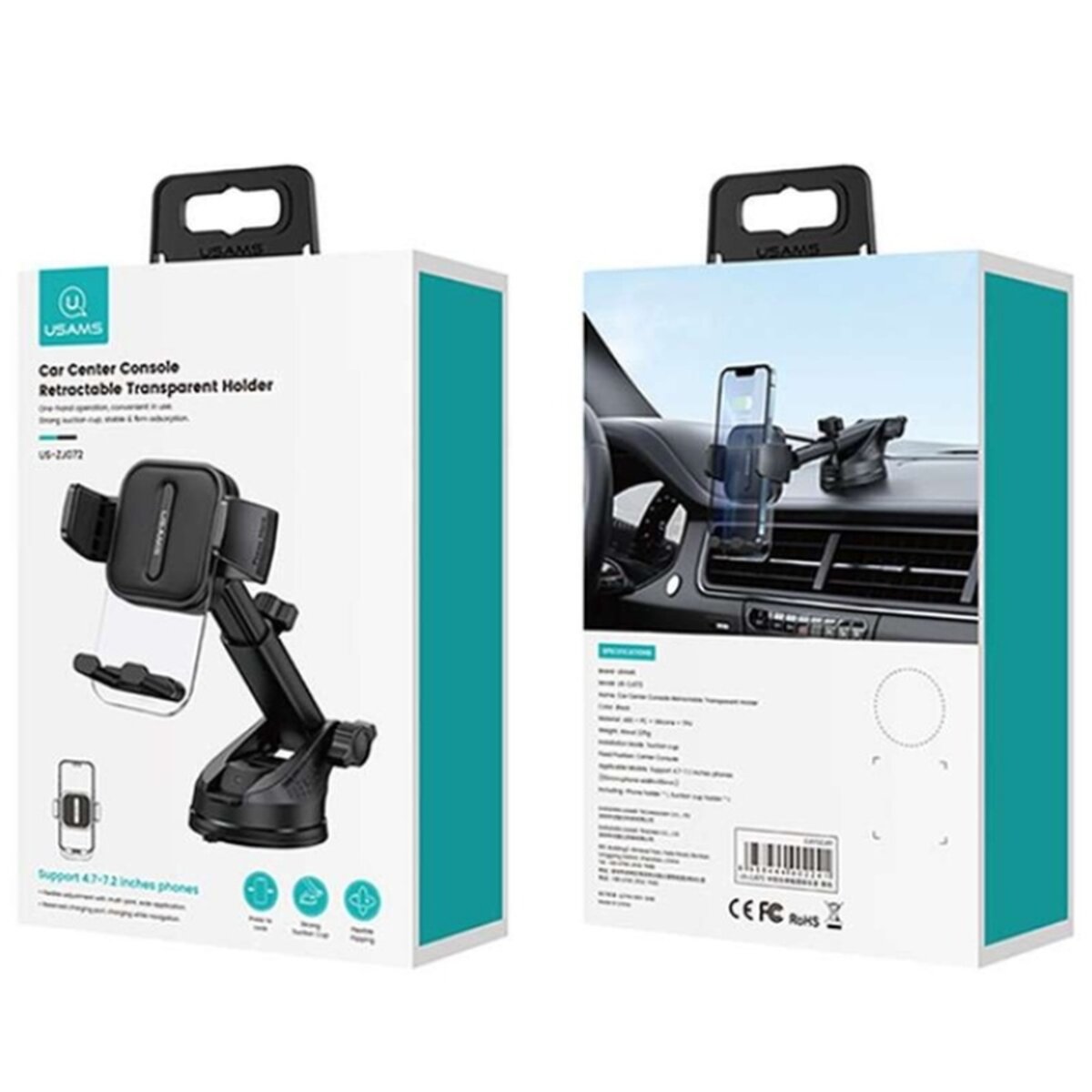 Автотримач для телефона Usams US-ZJ072 Car Center Console Retractable Transparent Holder (ZJ072ZJ01) на картинке №1