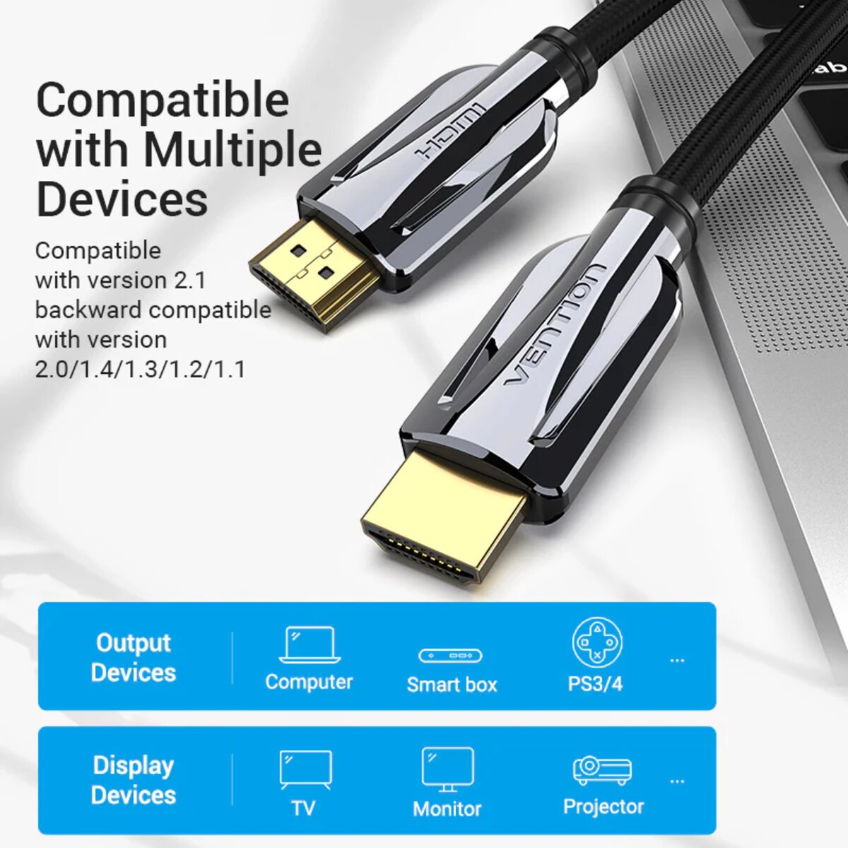 Кабель Vention HDMI-HDMI, 3M, v2.1, 8K 60Hz, 4K 120Hz, 2K 144Hz, 1080P 160Hz (AANBF) (AALBI) Фотографія №5 Кабель Vention HDMI-HDMI, 3M, v2.1, 8K 60Hz, 4K 120Hz, 2K 144Hz, 1080P 160Hz (AANBF) (AALBI) на малюнкі №5