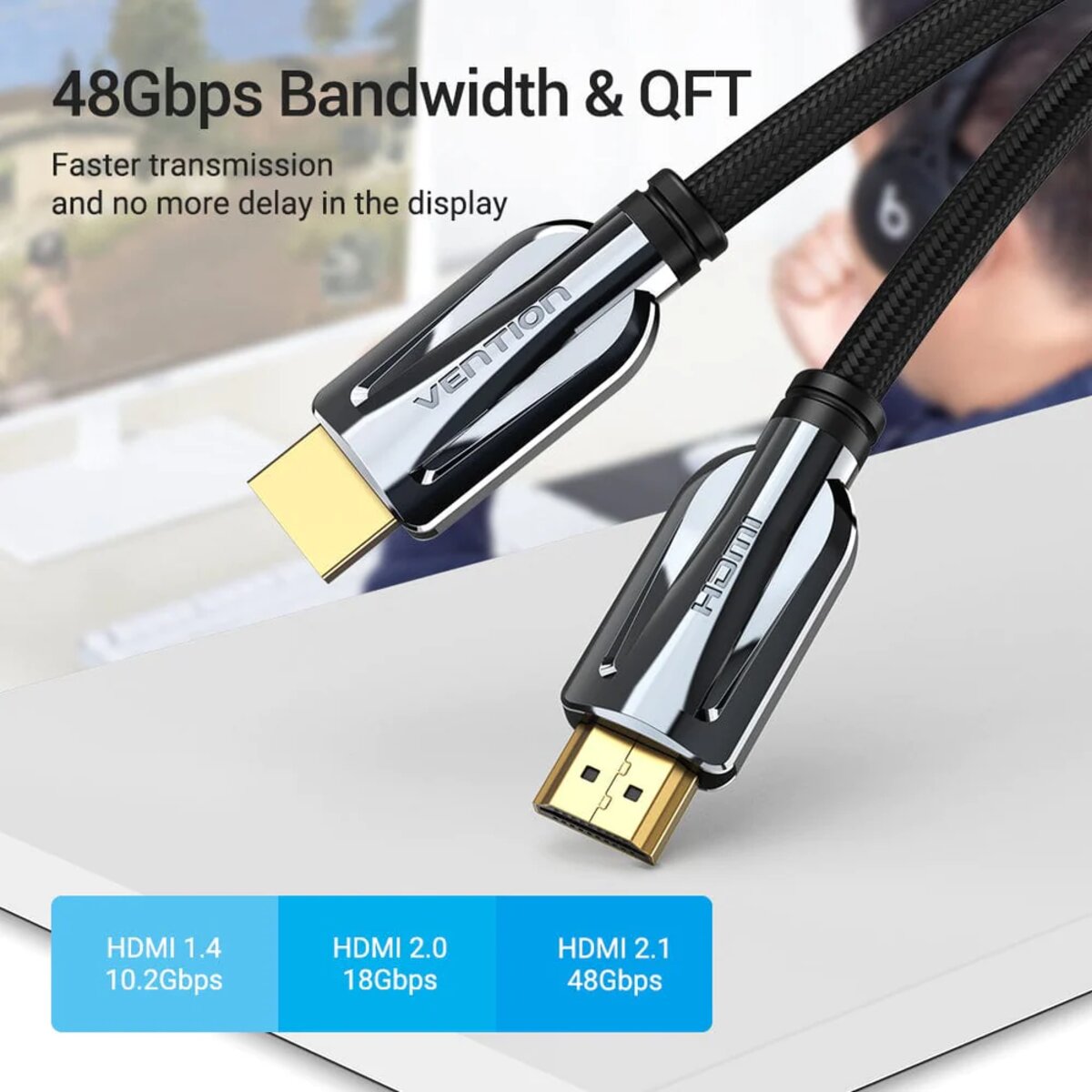 Кабель Vention HDMI-HDMI, 3M, v2.1, 8K 60Hz, 4K 120Hz, 2K 144Hz, 1080P 160Hz (AANBF) (AALBI) Фотографія №4 Кабель Vention HDMI-HDMI, 3M, v2.1, 8K 60Hz, 4K 120Hz, 2K 144Hz, 1080P 160Hz (AANBF) (AALBI) на малюнкі №4
