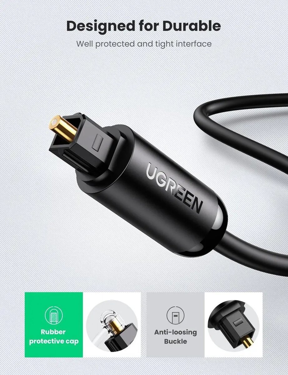 Аудіокабель UGREEN AV122 Toslink Optical Audio Cable 2m (Black)(UGR-70892) Фотографія №3 Аудіокабель UGREEN AV122 Toslink Optical Audio Cable 2m (Black)(UGR-70892) на малюнкі №3