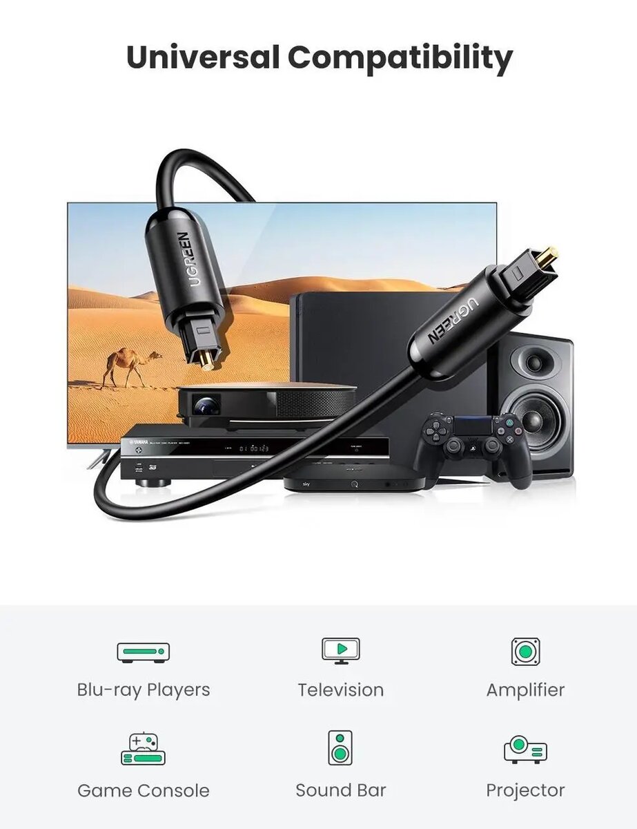 Аудіокабель UGREEN AV122 Toslink Optical Audio Cable 2m (Black)(UGR-70892) Фотографія №7 Аудіокабель UGREEN AV122 Toslink Optical Audio Cable 2m (Black)(UGR-70892) на малюнкі №7