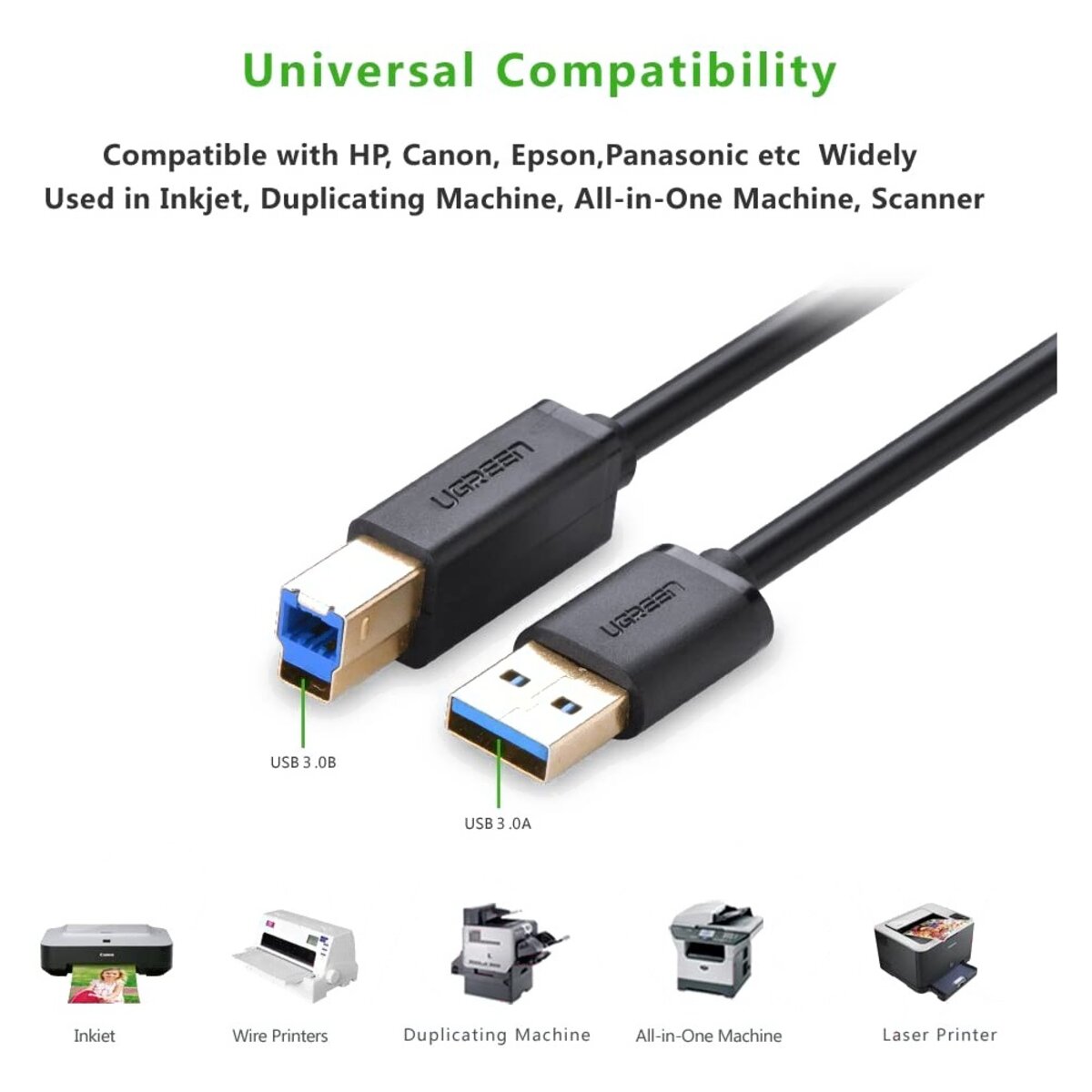 Кабель UGREEN US210 USB 3.0 AM to BM Print Cable 2m (Black）(UGR-10372) на картинке №3