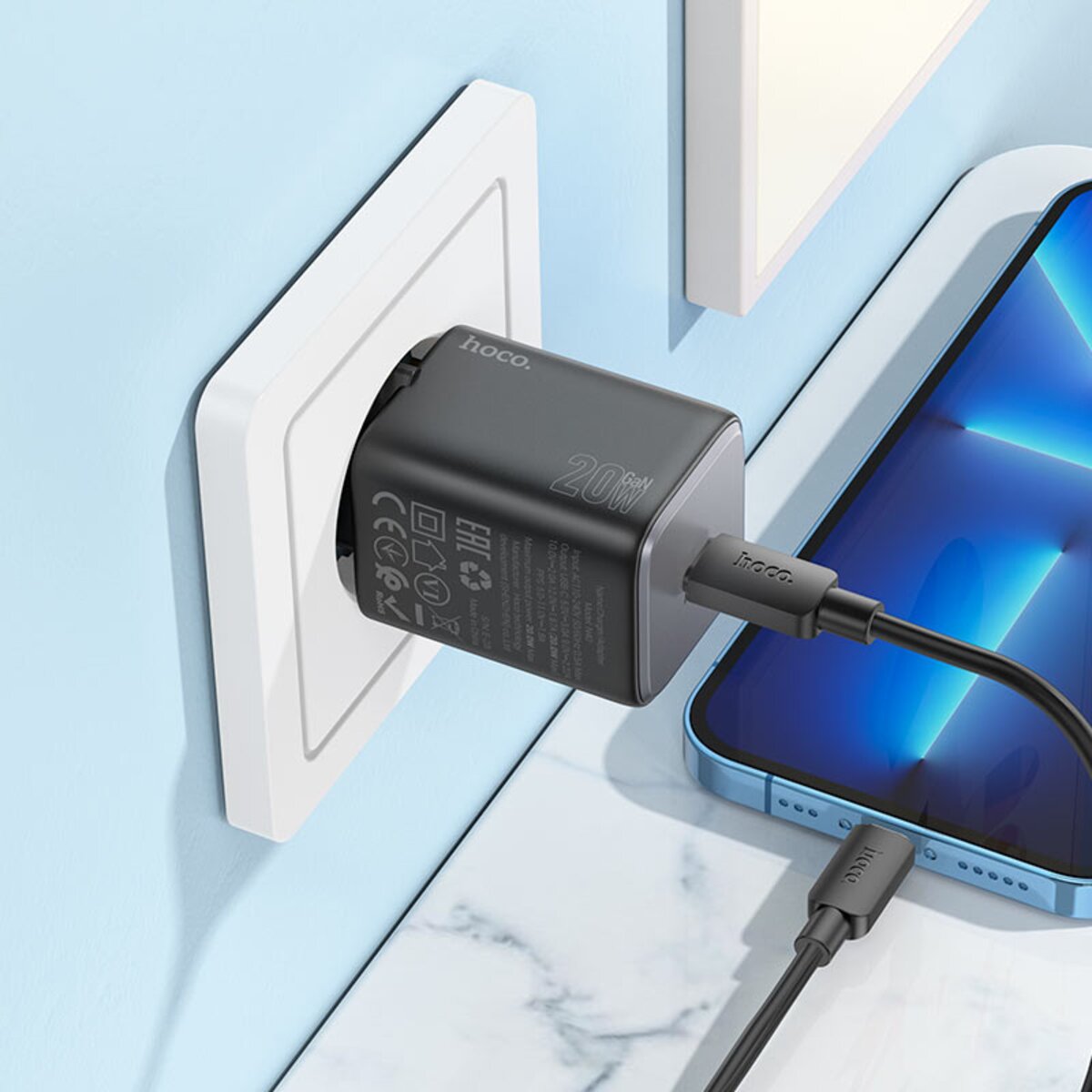 Мережевий зарядний пристрій HOCO N40 Mighty single port PD20W charger Black (6942007616966) Фотографія №5 Мережевий зарядний пристрій HOCO N40 Mighty single port PD20W charger Black (6942007616966) на малюнкі №5