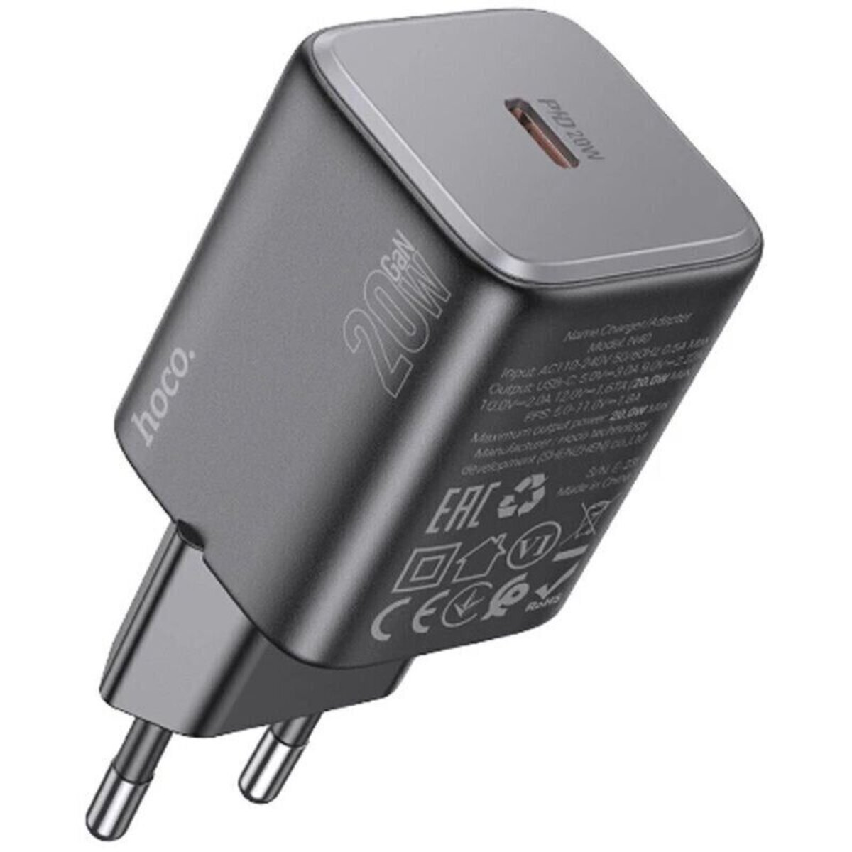 Мережевий зарядний пристрій HOCO N40 Mighty single port PD20W charger Black (6942007616966) Фотографія №3 Мережевий зарядний пристрій HOCO N40 Mighty single port PD20W charger Black (6942007616966) на малюнкі №3