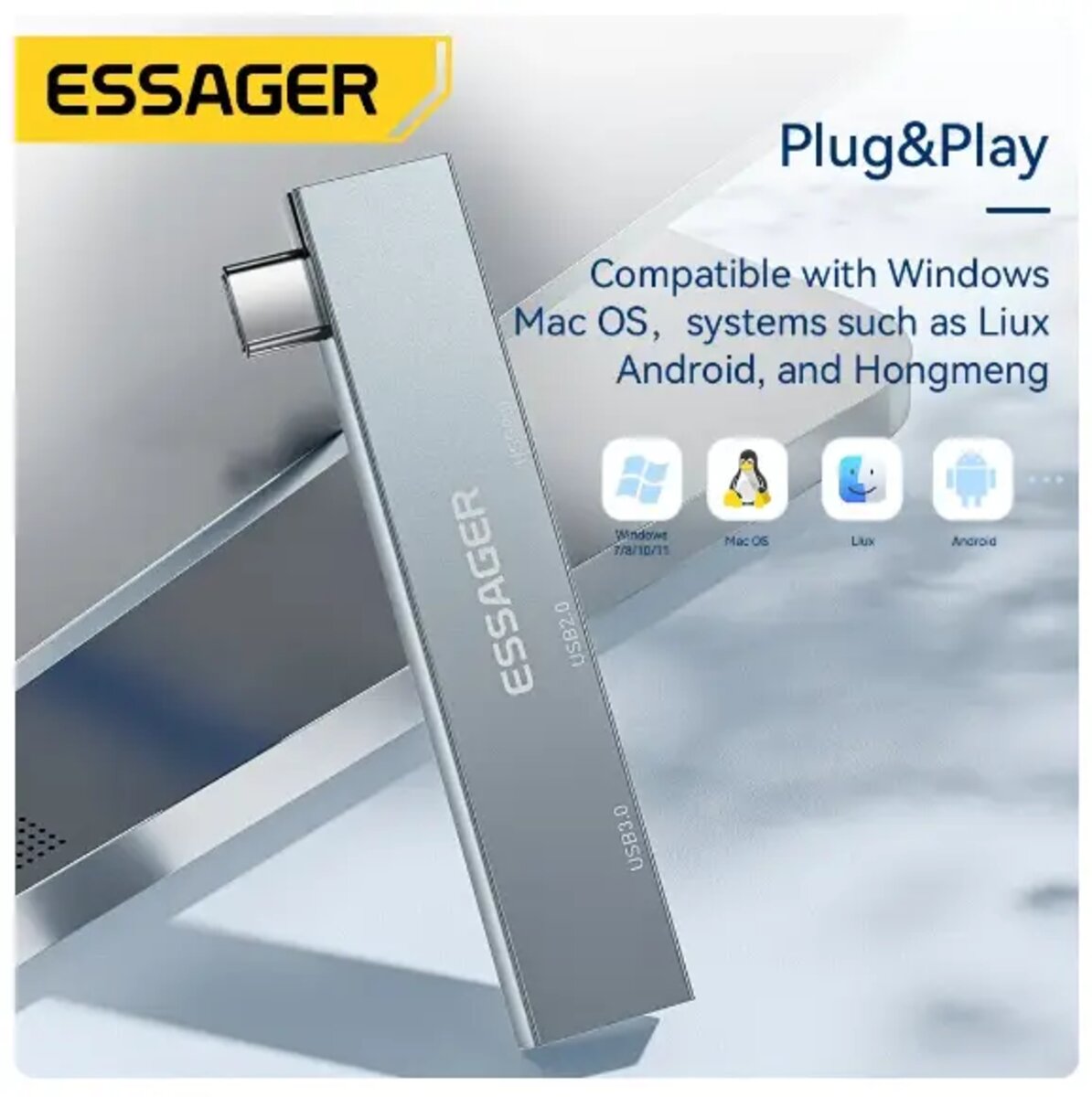 USB-хаб ESSAGER (opp bag) Fengyang 3 in 1 Splitter Silver (EHBC03-FY10-P) Фотографія №6 USB-хаб ESSAGER (opp bag) Fengyang 3 in 1 Splitter Silver (EHBC03-FY10-P) на малюнкі №6