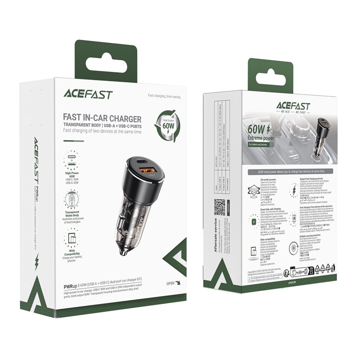 Автомобільний зарядний пристрій ACEFAST B12 60W (USB-A+USB-C) dual-port car charger Black (6974316282914) на картинке №6