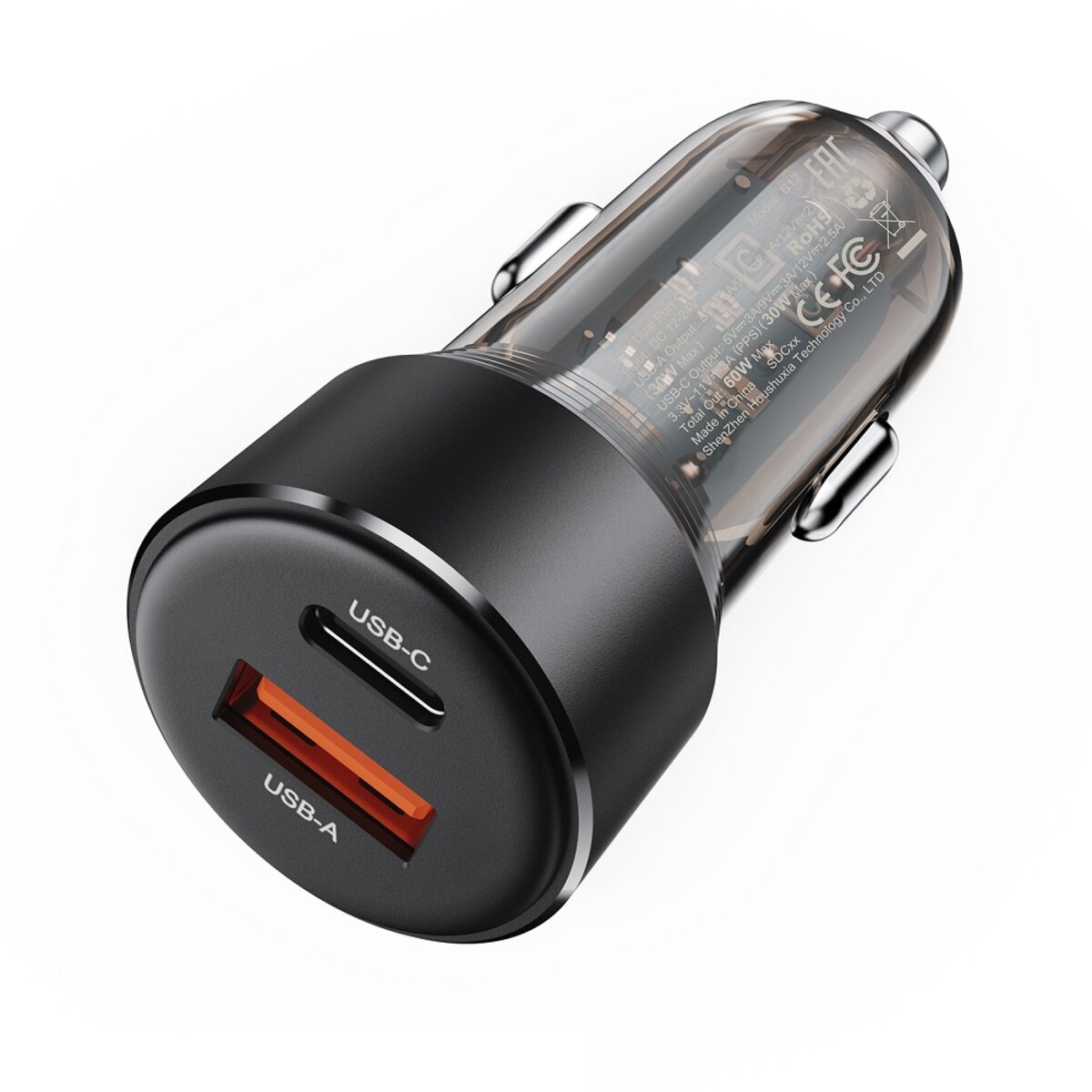 Автомобільний зарядний пристрій ACEFAST B12 60W (USB-A+USB-C) dual-port car charger Black (6974316282914) на картинке №2