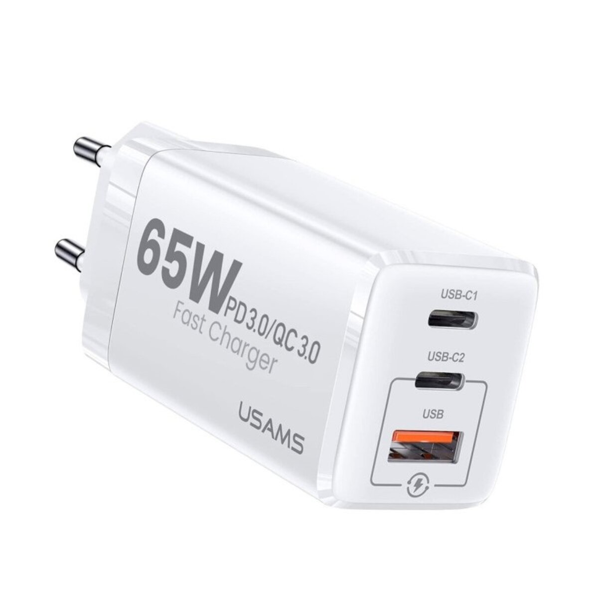 Мережевий зарядний пристрій Usams US-CC110 T33 65W 3 Ports GaN Mini Fast Charger white (CC110TC02) на картинке №1