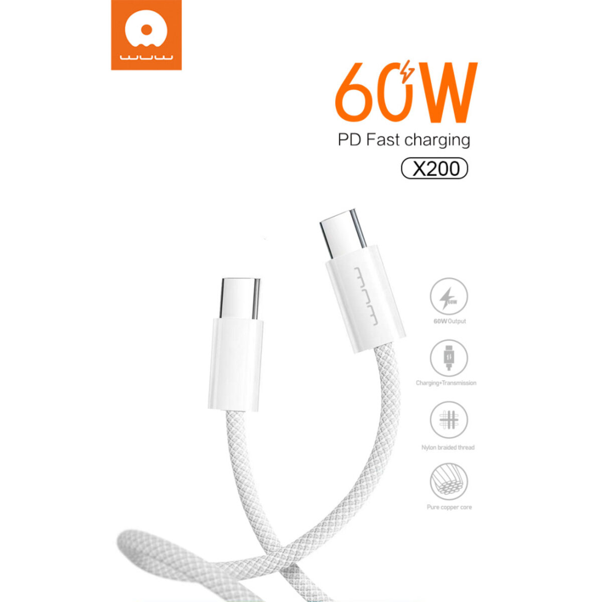 Кабель WUW-X200 Type-C to Type-C PD 60W white (WUW-X200TT) на картинке №6