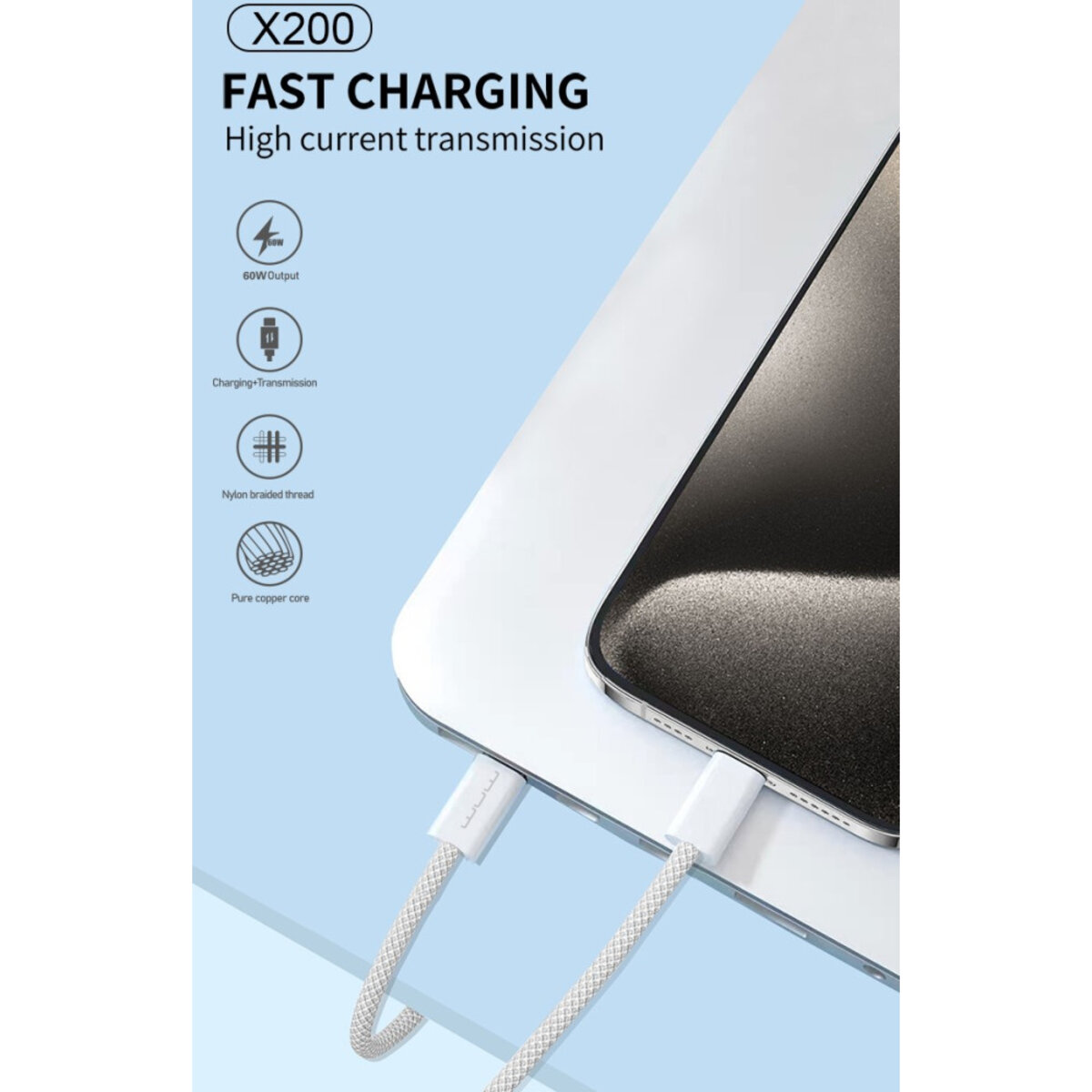 Кабель WUW-X200 Type-C to Type-C PD 60W white (WUW-X200TT) на картинке №7