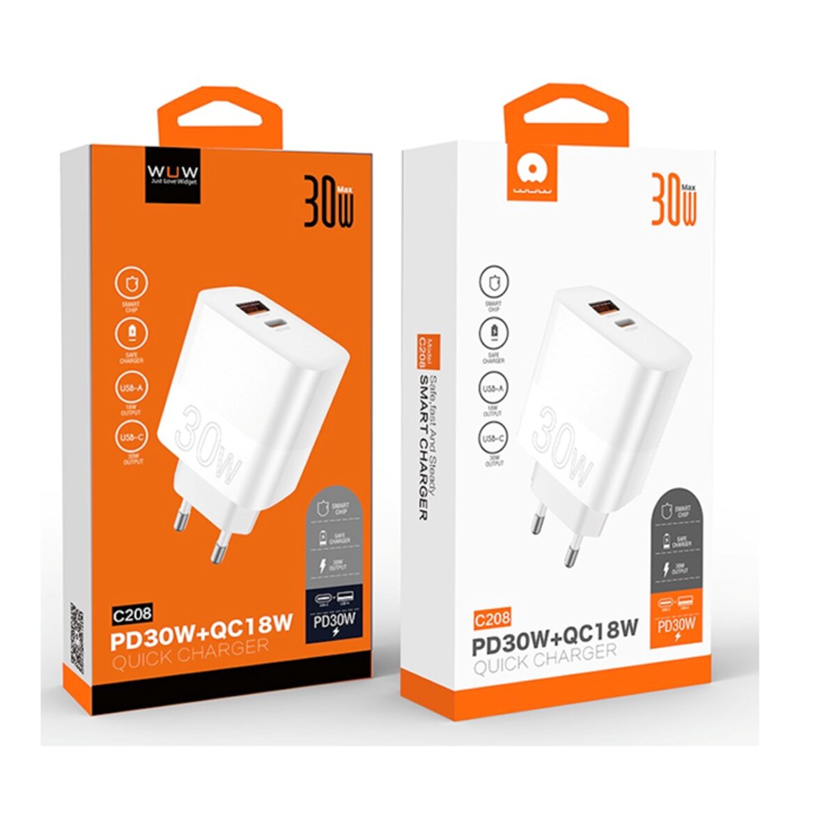 Мережевий зарядний пристрій WUW-C208 30W PD USB-C + USB QC3.0 18W white (6972573333417) на картинке №2