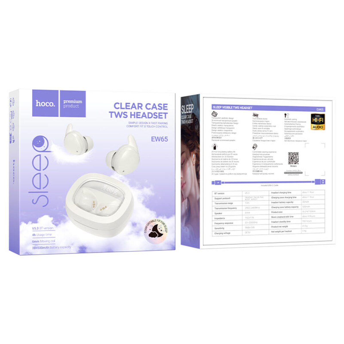 Бездротові навушники HOCO EW65 Shadow true wireless sleep BT headset Milky white на малюнкі №5