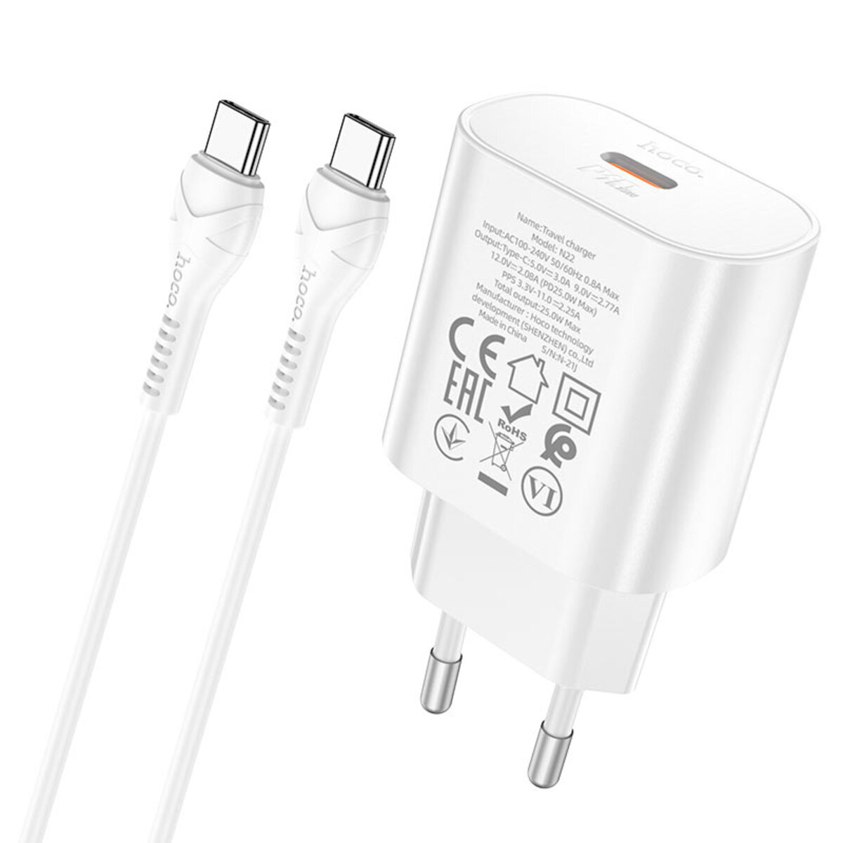 Мережевий зарядний пристрій HOCO N22 Jetta PD25W charger set(Type-C to Type-C)(EU) White на картинке №3