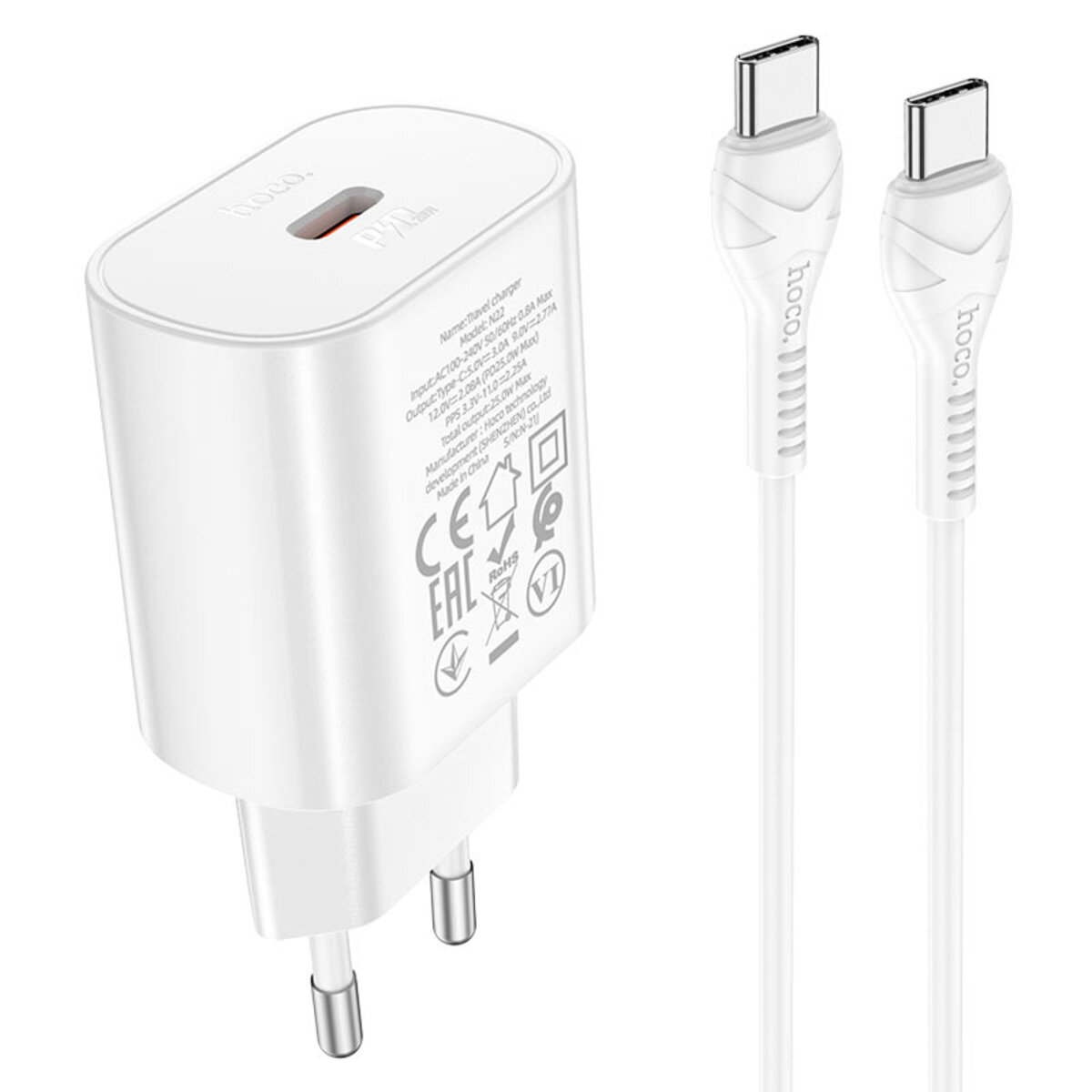 Мережевий зарядний пристрій HOCO N22 Jetta PD25W charger set(Type-C to Type-C)(EU) White на картинке №1