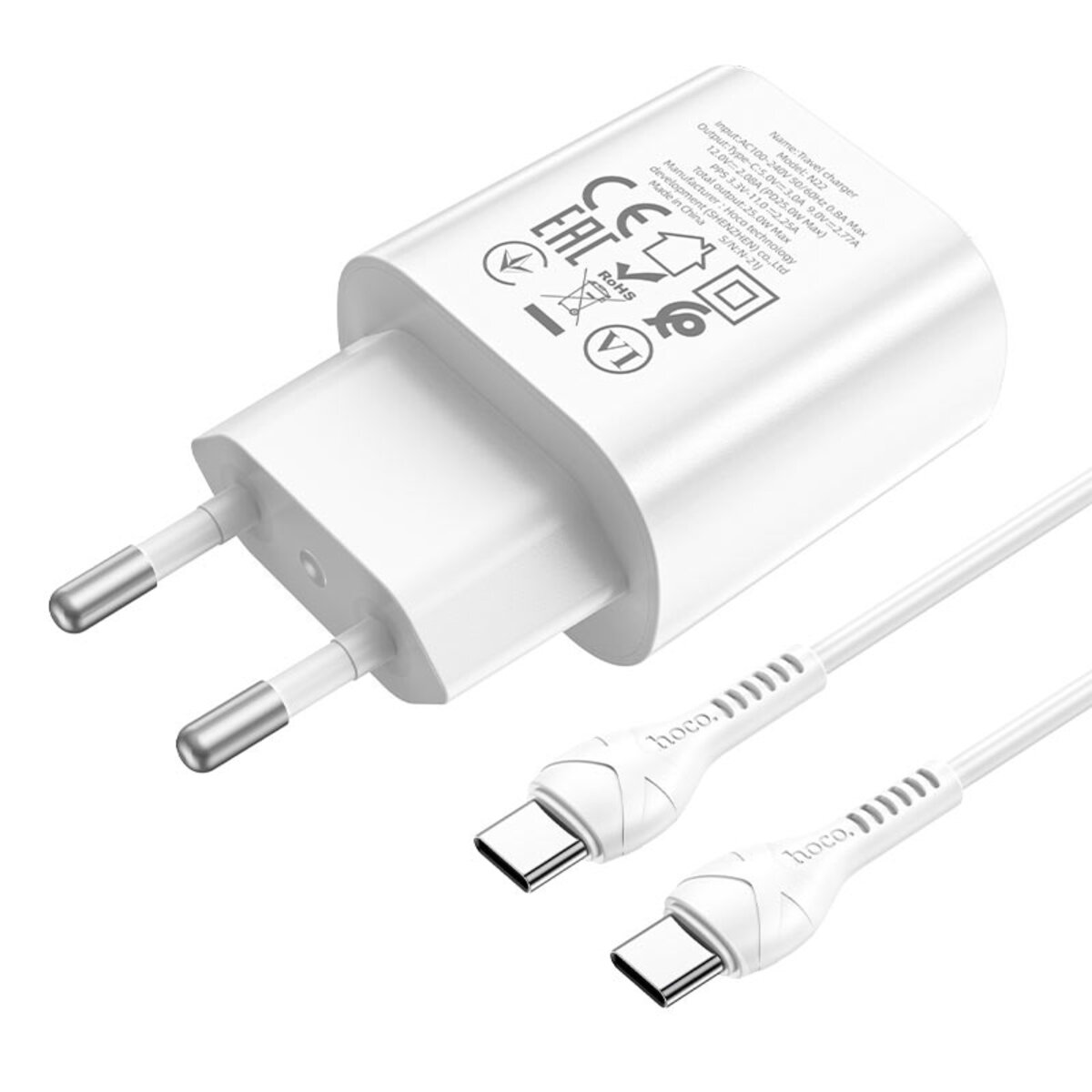 Мережевий зарядний пристрій HOCO N22 Jetta PD25W charger set(Type-C to Type-C)(EU) White на картинке №4