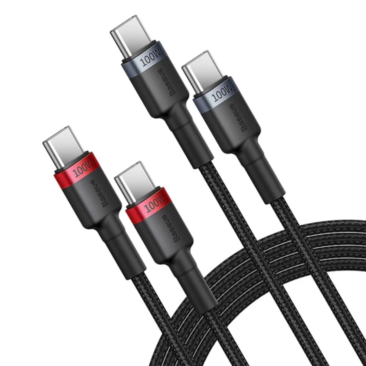 Кабель Baseus Cafule Charging Cable USB-C to USB-C 100W 1m 2pcs Red Black+Grey Black на картинке №2