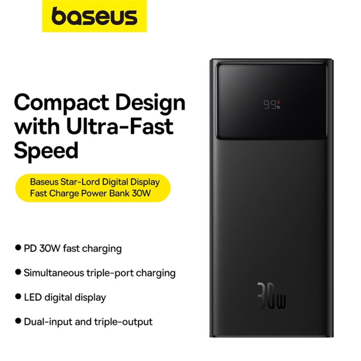 Зовнішній акумулятор Baseus Star-Lord Digital Display Fast Charging Power Bank 20000mAh 30W Cluster Black（With Simple Series Charging Cable USB to Typ на малюнкі №8
