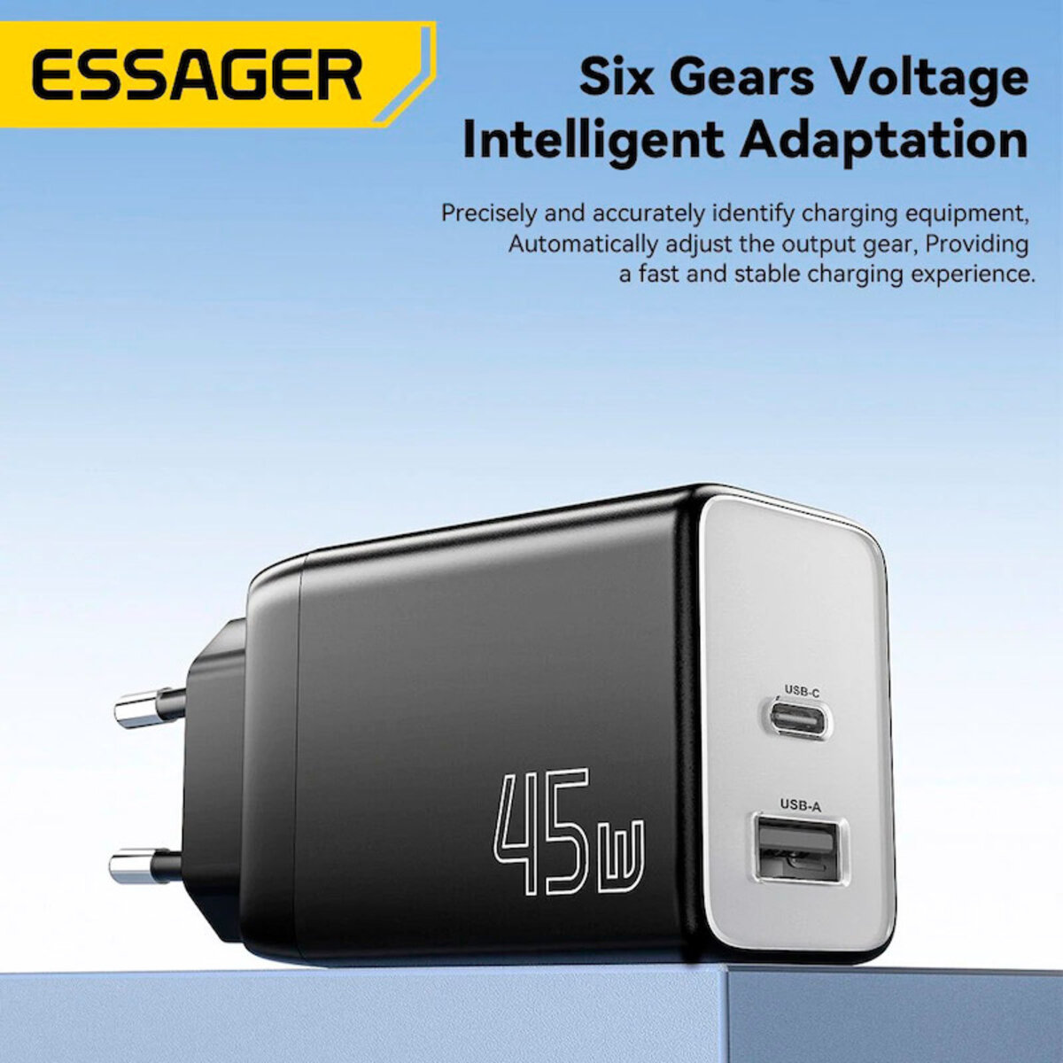 Мережевий зарядний пристрій ESSAGER ECT45W Gan 1USB 1T-C 45W black (ECT45W-LJB01-Z) Фотографія №5 Мережевий зарядний пристрій ESSAGER ECT45W Gan 1USB 1T-C 45W black (ECT45W-LJB01-Z) на малюнкі №5