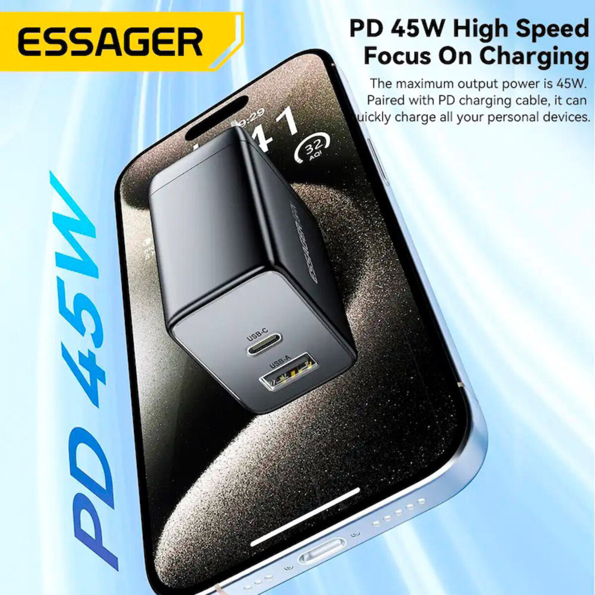 Мережевий зарядний пристрій ESSAGER ECT45W Gan 1USB 1T-C 45W black (ECT45W-LJB01-Z) Фотографія №3 Мережевий зарядний пристрій ESSAGER ECT45W Gan 1USB 1T-C 45W black (ECT45W-LJB01-Z) на малюнкі №3
