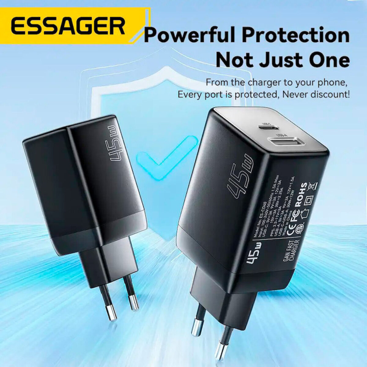 Мережевий зарядний пристрій ESSAGER ECT45W Gan 1USB 1T-C 45W black (ECT45W-LJB01-Z) Фотографія №2 Мережевий зарядний пристрій ESSAGER ECT45W Gan 1USB 1T-C 45W black (ECT45W-LJB01-Z) на малюнкі №2