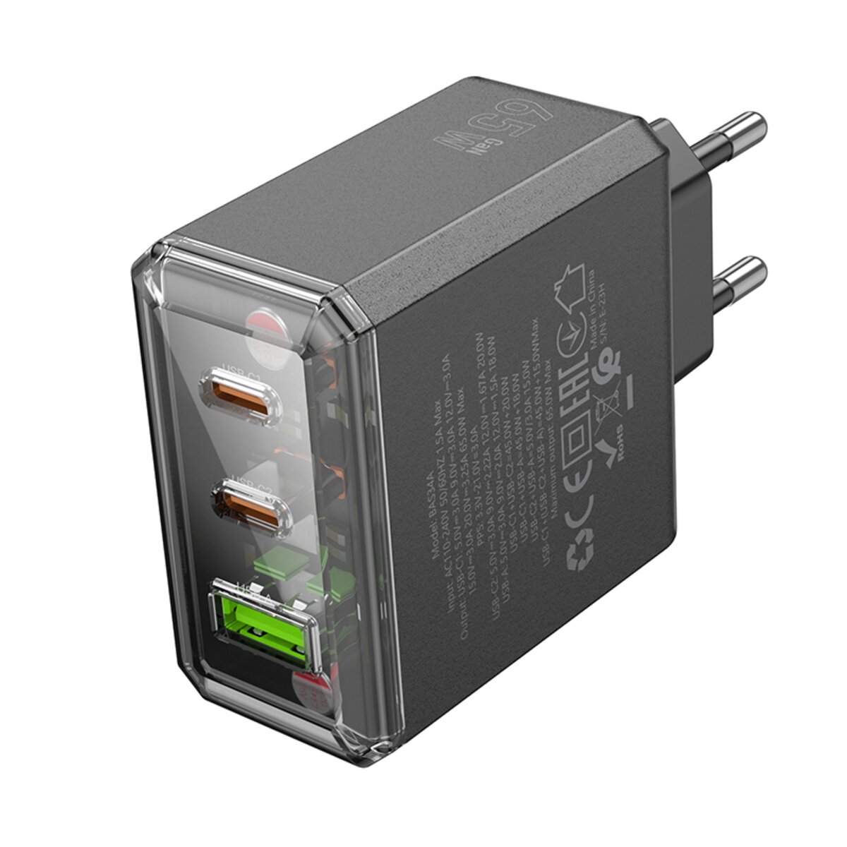 Мережевий зарядний пристрій BOROFONE BAS34A Treasure PD65W(2C1A) charger(EU) Black (6941991110740) на картинке №2