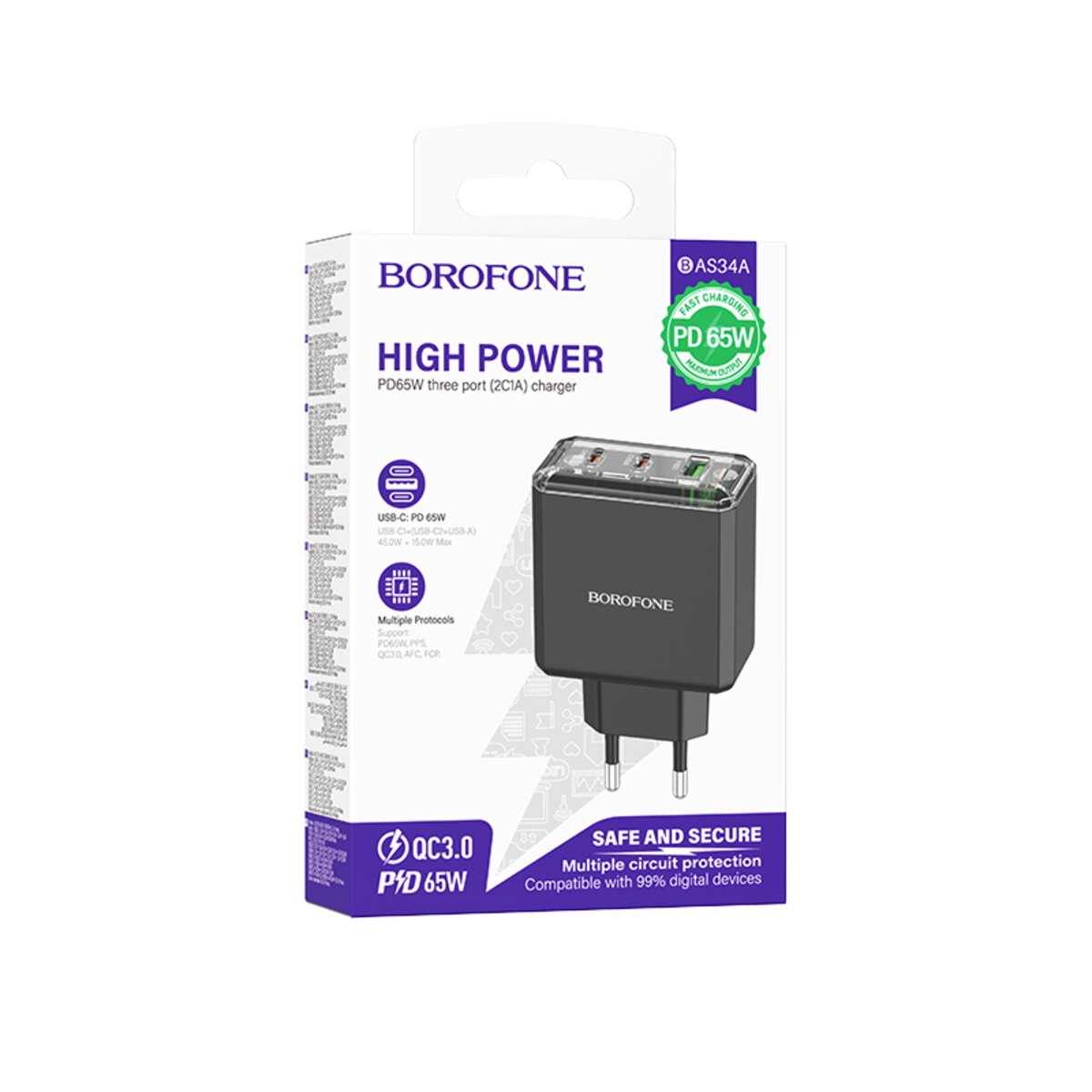 Мережевий зарядний пристрій BOROFONE BAS34A Treasure PD65W(2C1A) charger(EU) Black (6941991110740) на картинке №4
