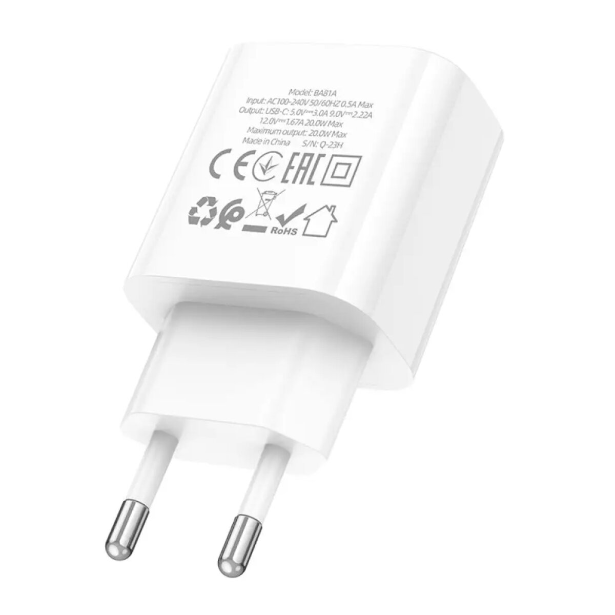 Мережевий зарядний пристрій BOROFONE BA81A single port PD20W charger(EU) White Фотографія №6 Мережевий зарядний пристрій BOROFONE BA81A single port PD20W charger(EU) White на малюнкі №6