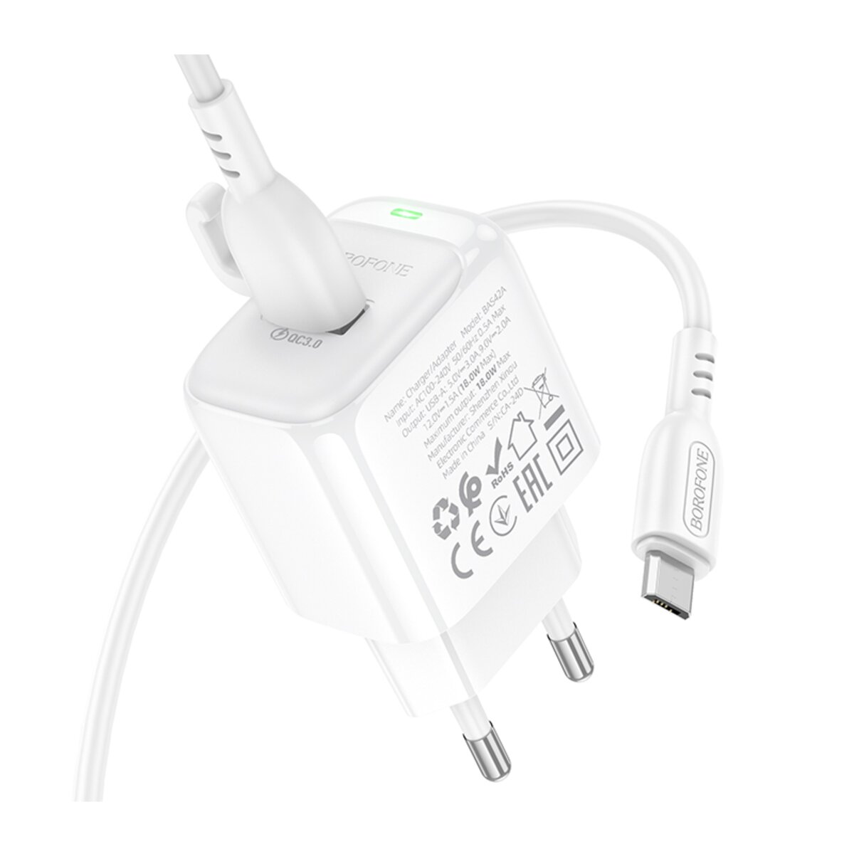 Мережевий зарядний пристрій BOROFONE BAS42A Potential single-port QC3.0 charger set(Micro)(EU) White (6941991113796) смотреть фото №5