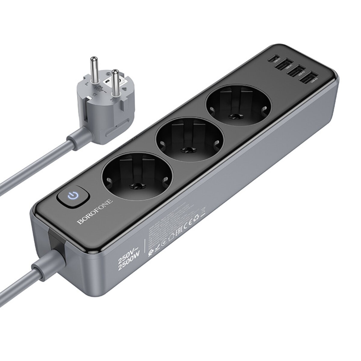 Мережевий подовжувач BOROFONE BAC8 Power 3-position socket(1C3A)(EU/GER)(L=2M) Black Фотографія №1 Мережевий подовжувач BOROFONE BAC8 Power 3-position socket(1C3A)(EU/GER)(L=2M) Black на малюнкі №1