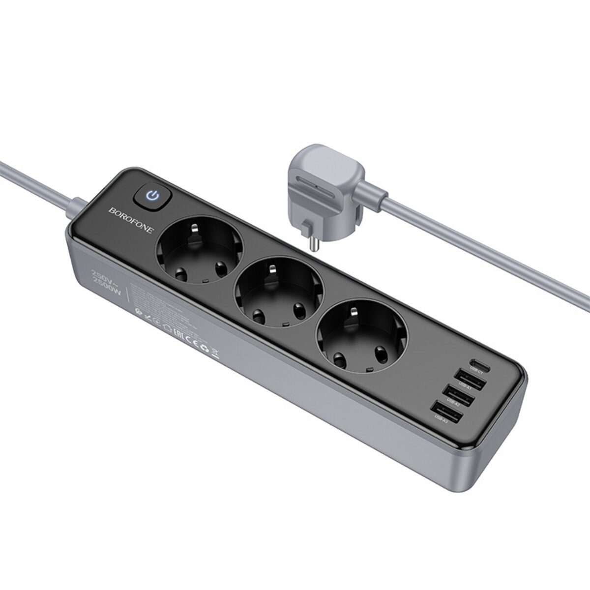 Мережевий подовжувач BOROFONE BAC8 Power 3-position socket(1C3A)(EU/GER)(L=2M) Black Фотографія №2 Мережевий подовжувач BOROFONE BAC8 Power 3-position socket(1C3A)(EU/GER)(L=2M) Black на малюнкі №2