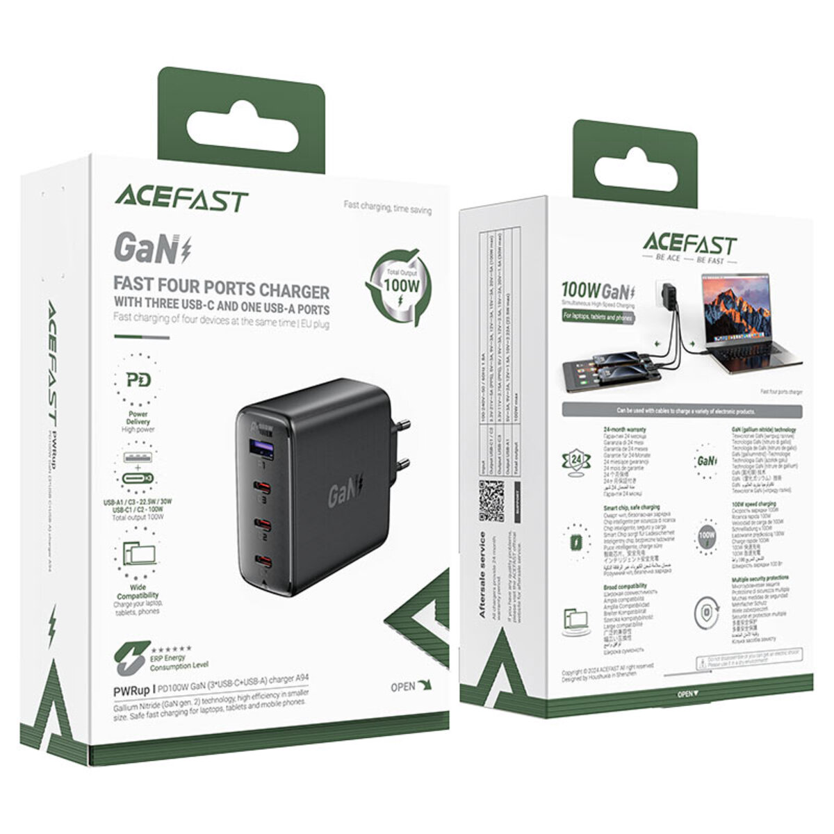Мережевий зарядний пристрій ACEFAST A94 PD100W GaN (3*USB-C+USB-A) charger  Black на малюнкі №2