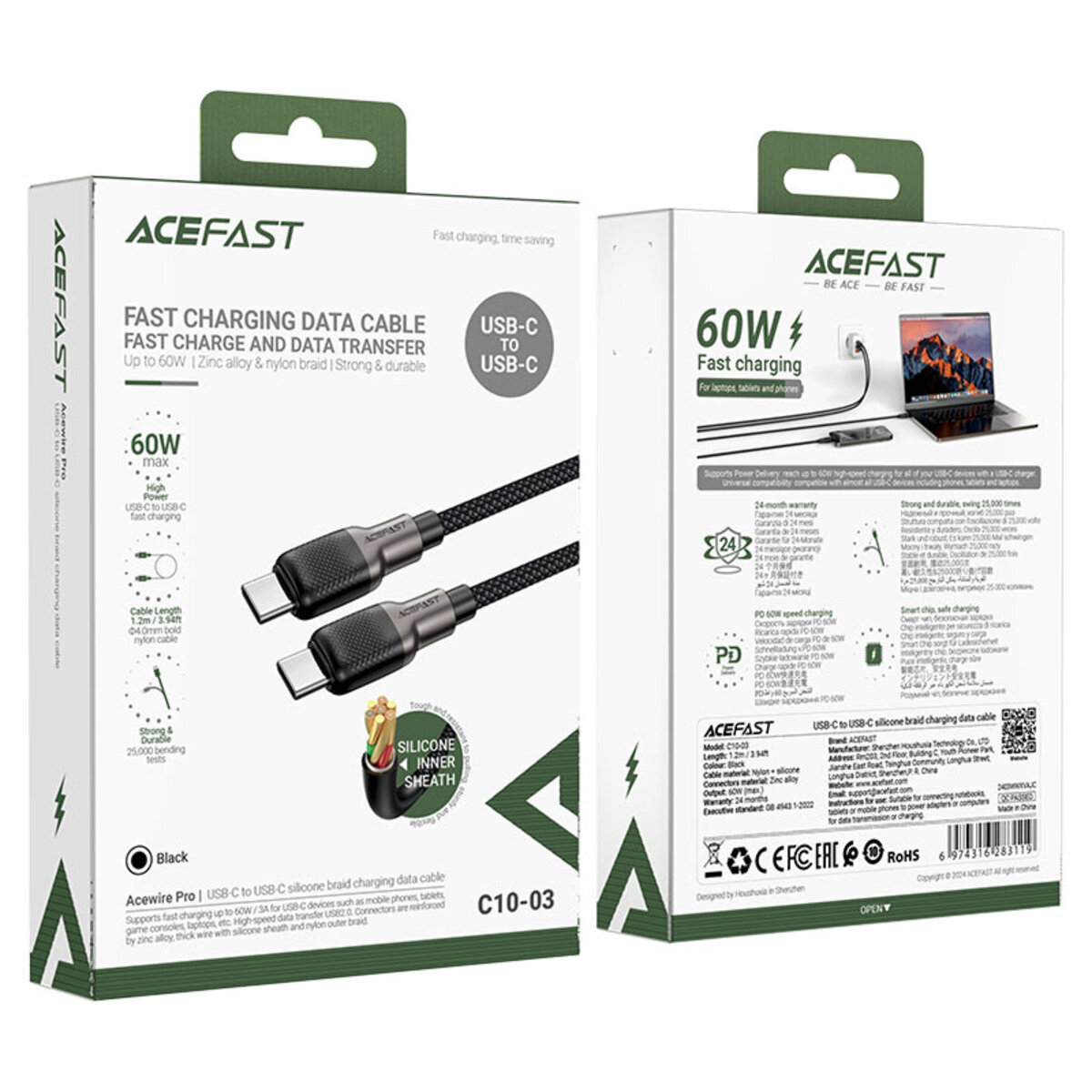 Кабель ACEFAST C10-03 Type-C to Type-C 3A, 60W, 1.2m, silicone, zinc connectors, Black (6974316283119) на картинке №6
