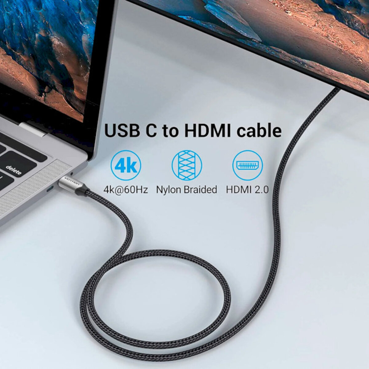 Кабель Vention Cotton Braided USB-C to HDMI Cable 1.5M Black Aluminum Alloy Type на малюнкі №5